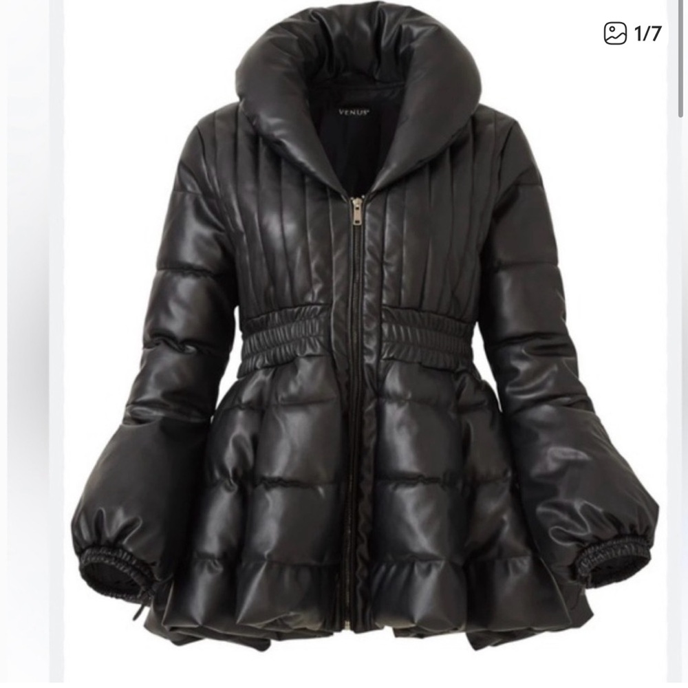 VENUS Black Quilted Puffer Coat with Waist Detail